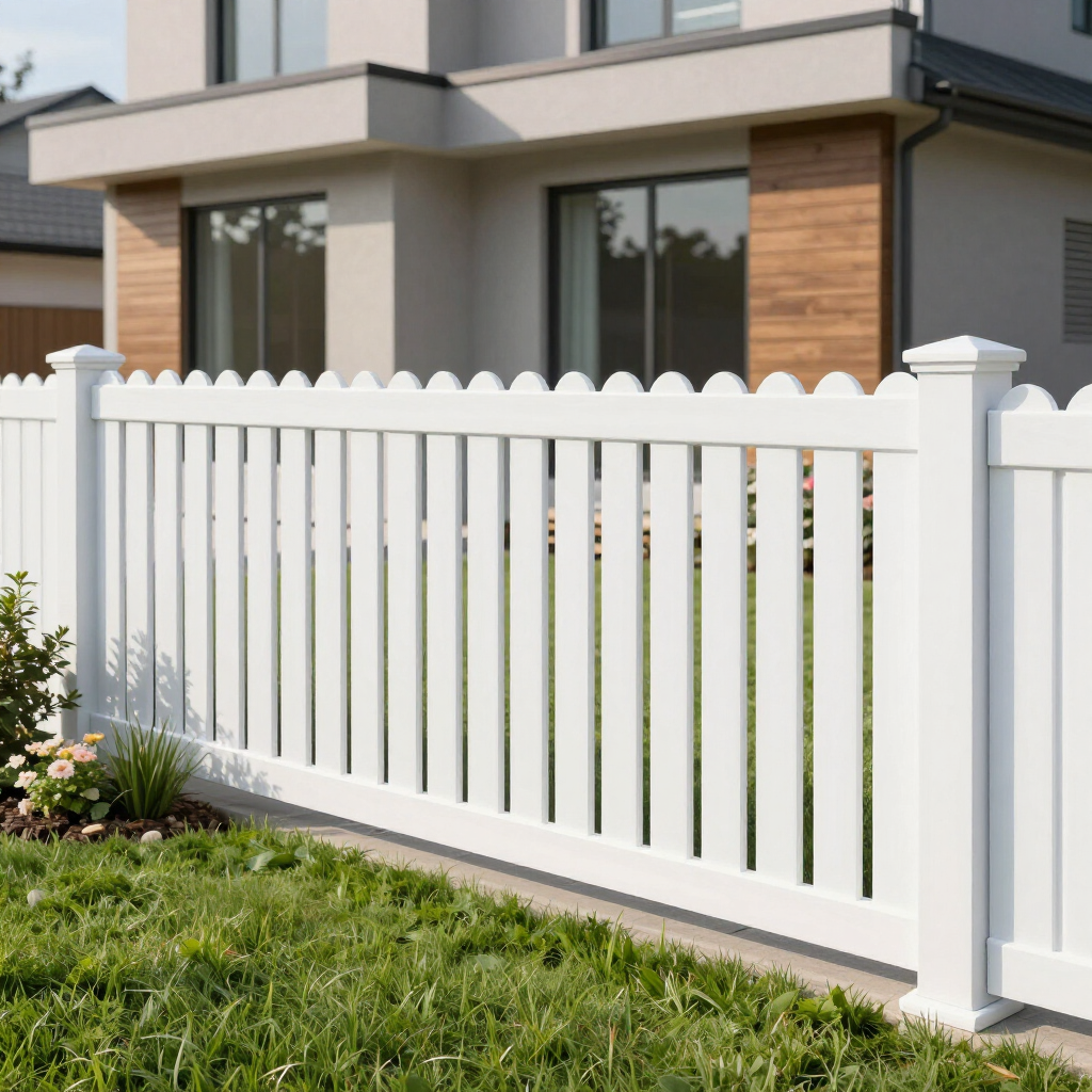 A white scalloped-top vinyl picket fence stands in front of a modern home with wood accents and a grassy yard.