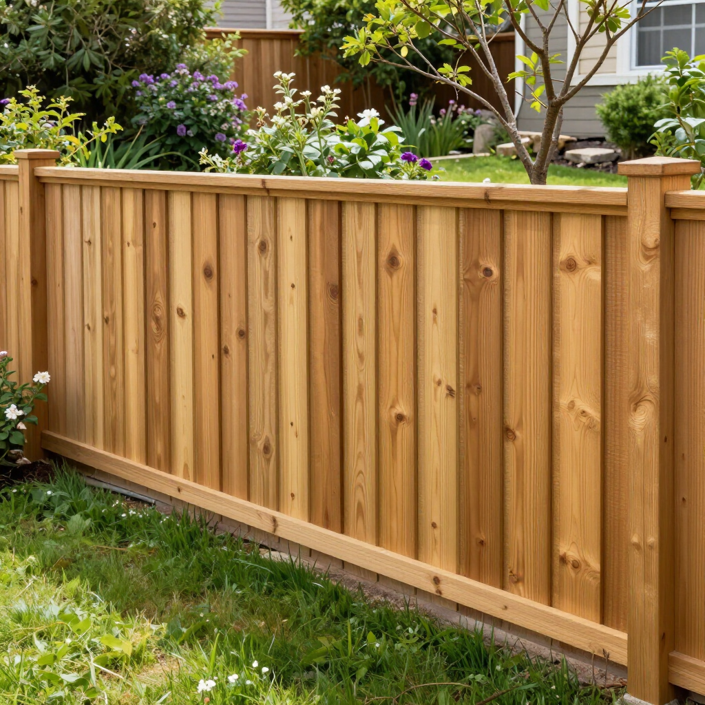 A new, cedar-toned wooden fence runs horizontally across a green lawn in front of a house and garden.