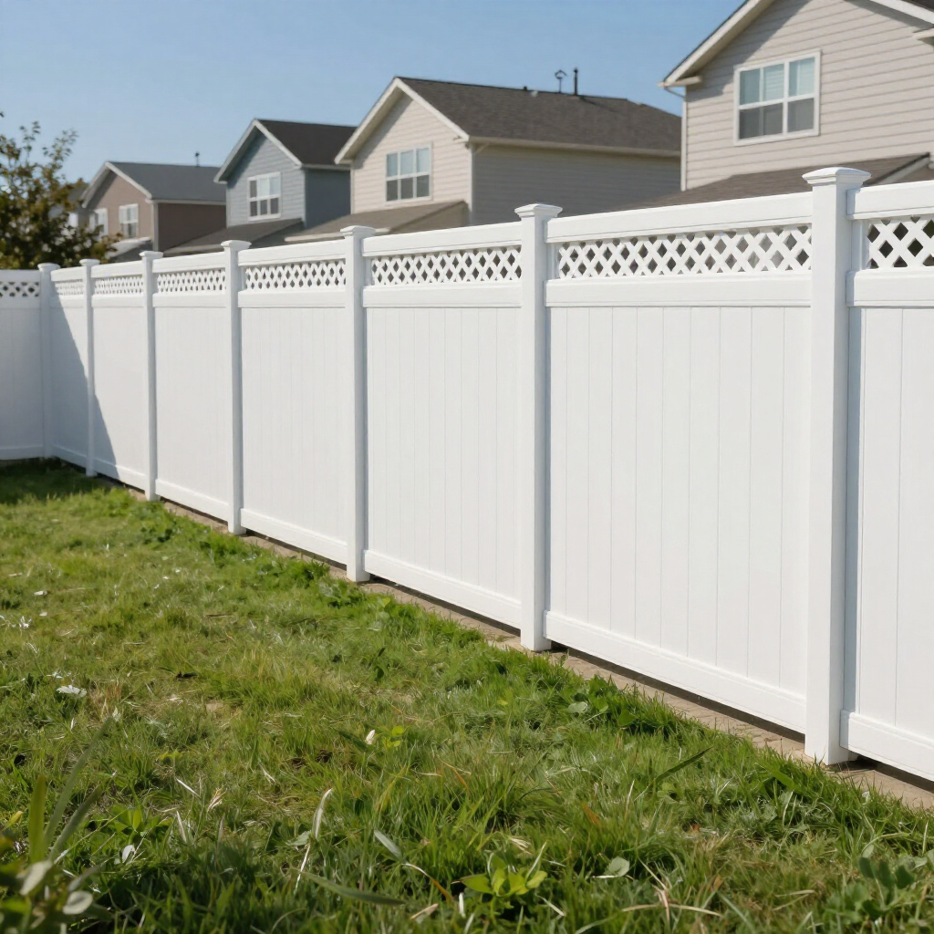 A tall white vinyl privacy fence with a lattice top border runs along a grassy yard in front of suburban houses.