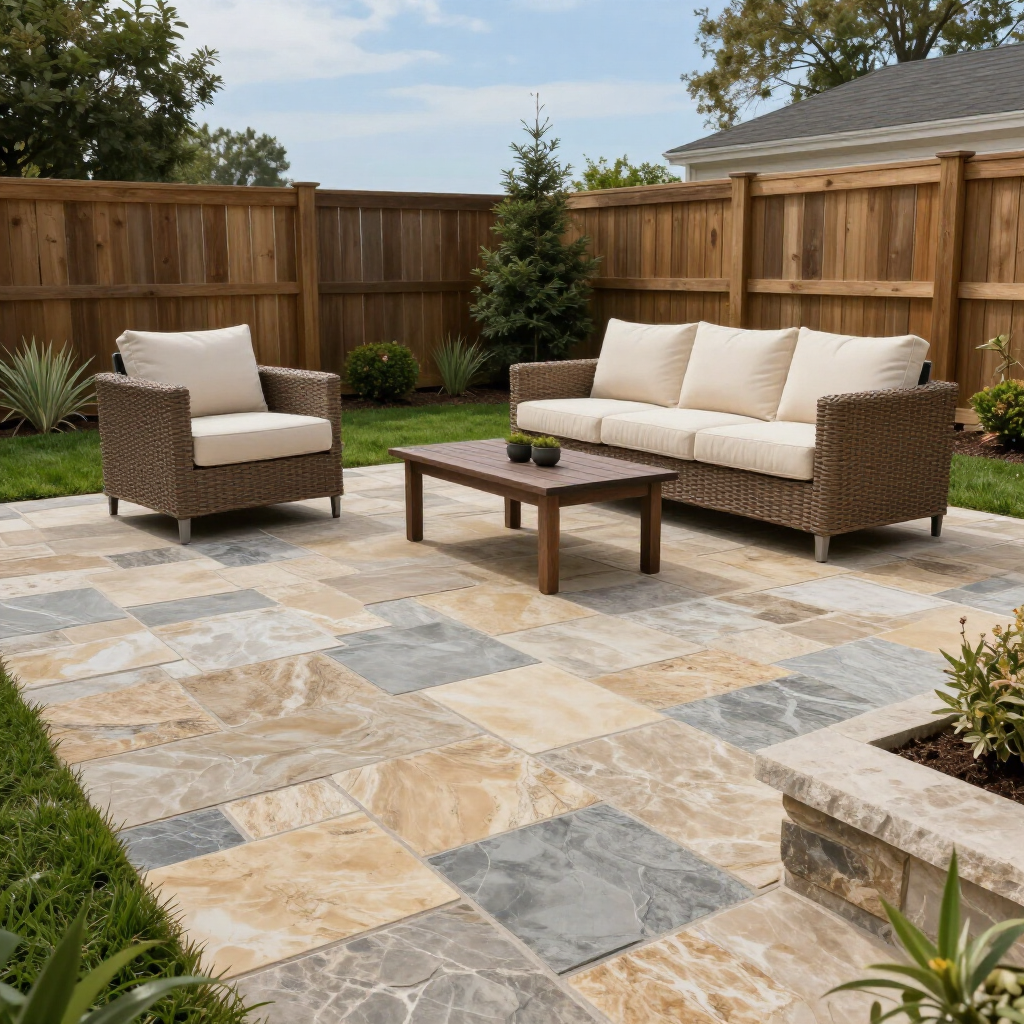 Wicker outdoor furniture with light cushions sits on a patterned stone patio in a backyard with a wooden fence.