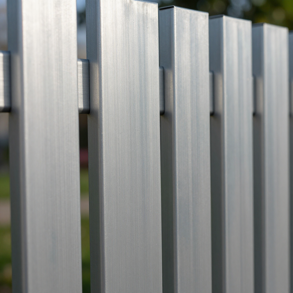 A close-up view of a modern fence made of vertical, brushed metallic silver slats spaced evenly against a blurred background.