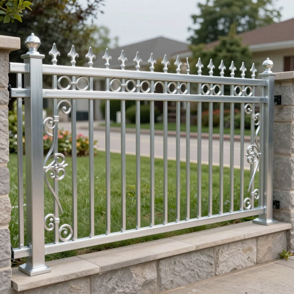 A silver metal fence with decorative scrollwork and pointed finials, mounted between stone pillars.