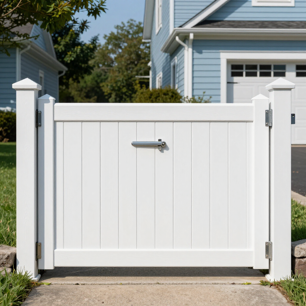 A white vinyl gate stands between two square posts on a sidewalk in front of a blue residential home.