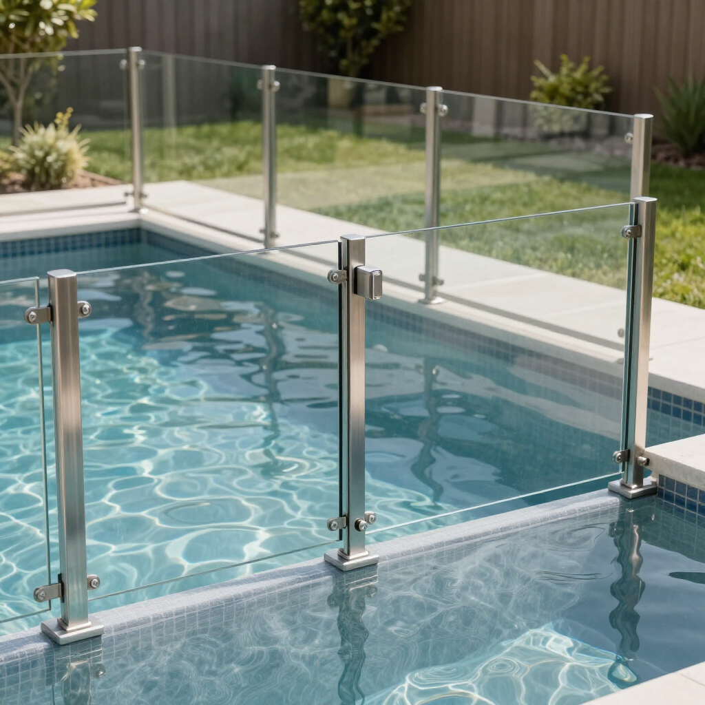A glass pool safety fence with stainless steel posts surrounds a blue-tiled swimming pool in a backyard setting.