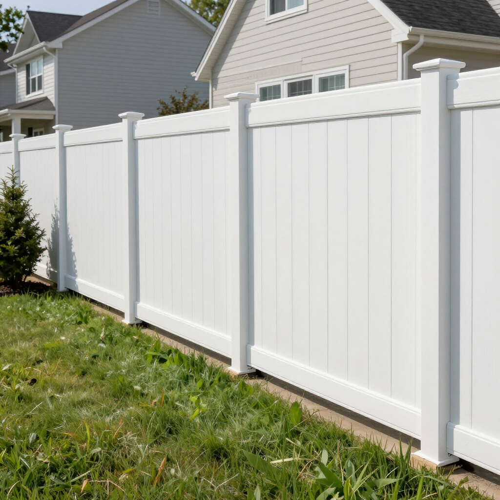 A tall, solid white vinyl privacy fence stands in a grassy backyard with houses in the background.