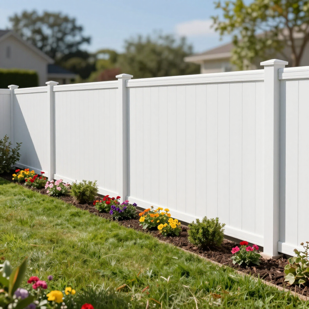 A white vinyl privacy fence lines a grassy yard with a flower bed featuring colorful blossoms and green shrubs.