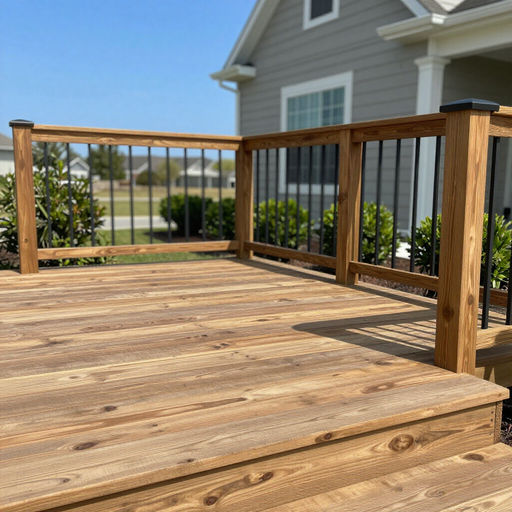 A wooden deck with black metal balusters and posts, attached to a house with grey siding, set in a sunny suburban yard.