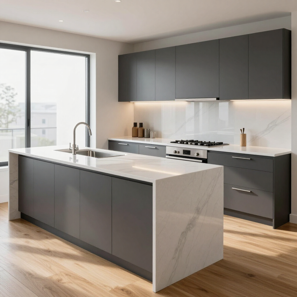A modern kitchen featuring a marble waterfall island, dark grey flat-panel cabinets, white countertops, and wood floors.