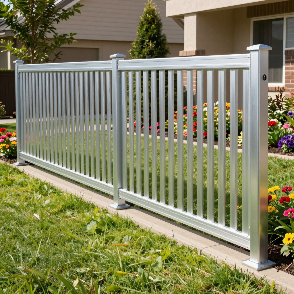 A modern, silver metal fence panels a residential yard with a green lawn and colorful flower garden.