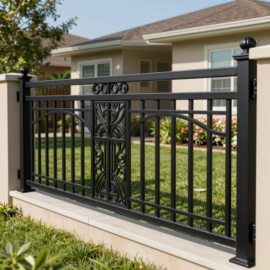 A decorative black metal fence panel with an ornate central emblem mounted on a stone wall in front of a house.