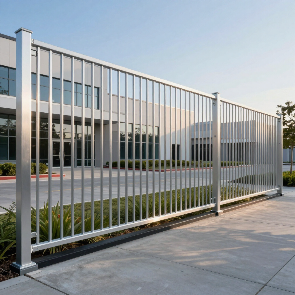 A silver aluminum fence stands in front of a modern commercial office building with glass windows.