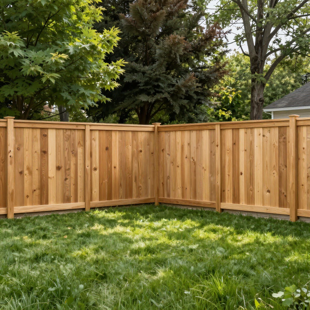 A wooden privacy fence made of vertical panels forms a corner in a grassy backyard, framed by green trees.