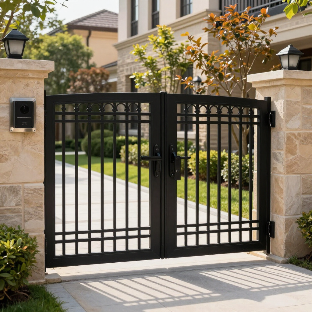 A black metal gate between two stone pillars, with an intercom on the left pillar and a driveway visible in the background.