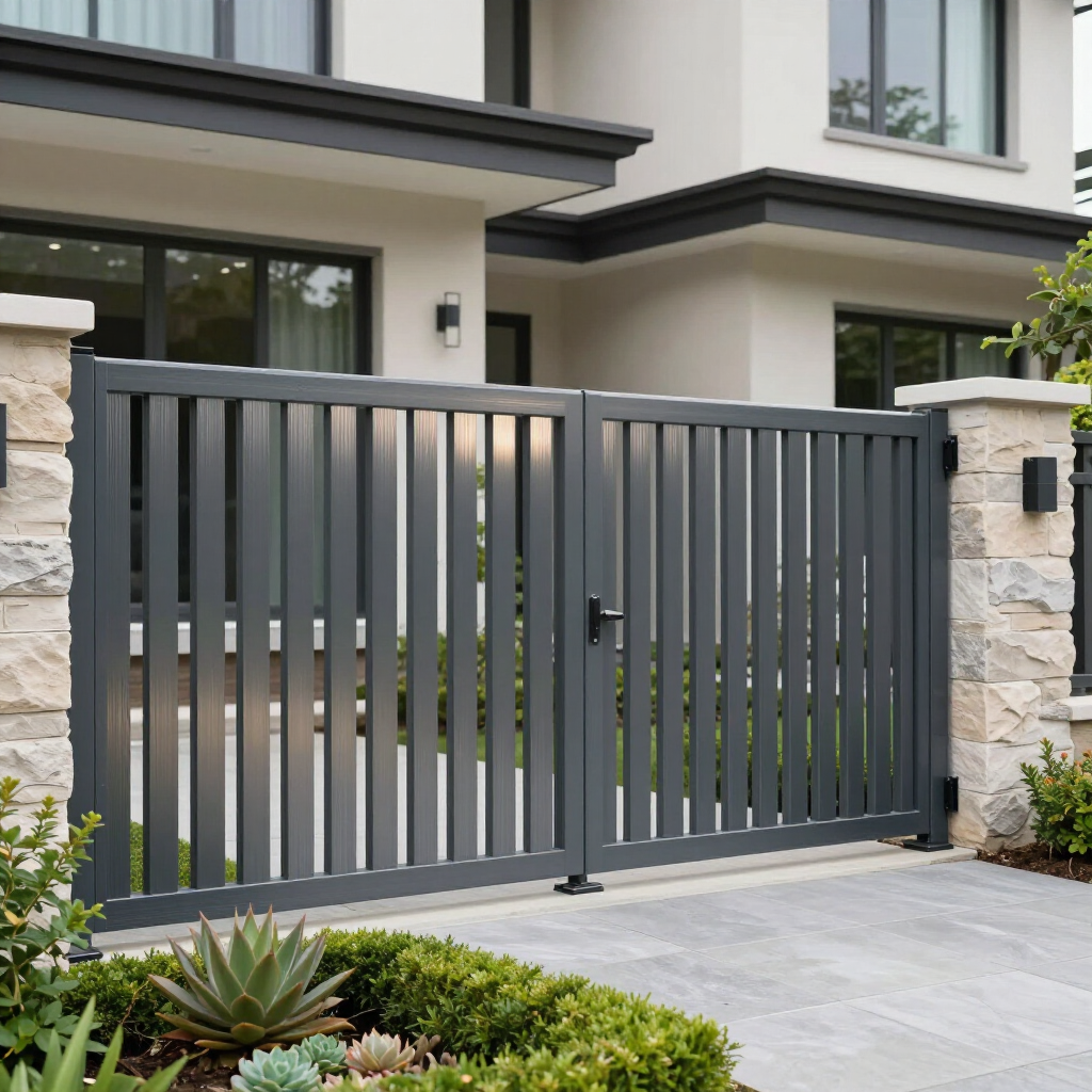 A modern grey metal gate with vertical slats stands between two stone pillars in front of a contemporary house.