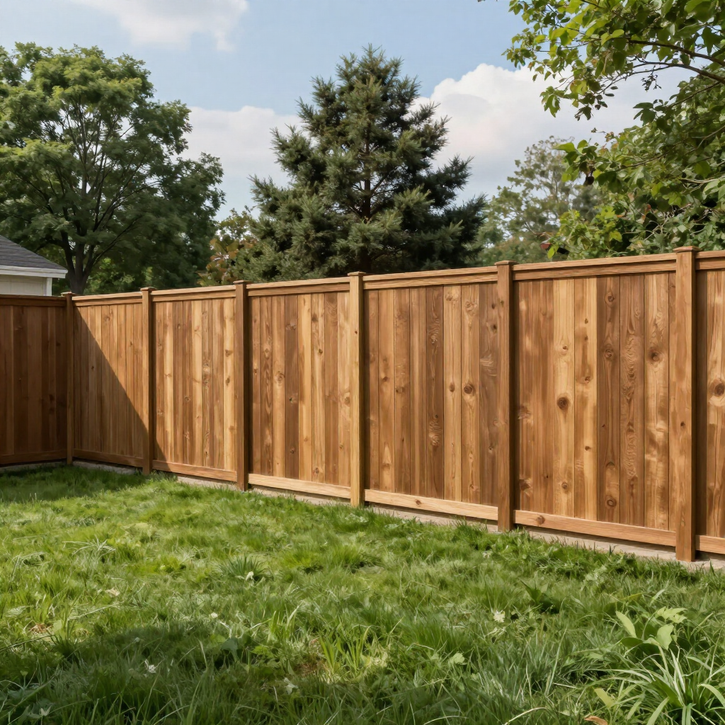 A new, stained wood privacy fence borders a grassy backyard with trees against a blue sky in the background.