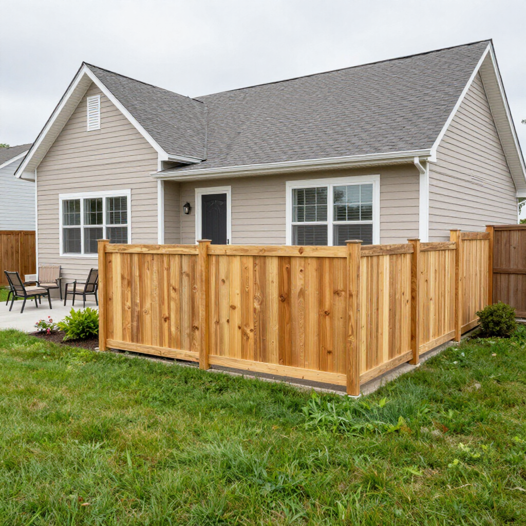 A tan suburban house with a gray roof and a wooden privacy fence surrounding a small patio.