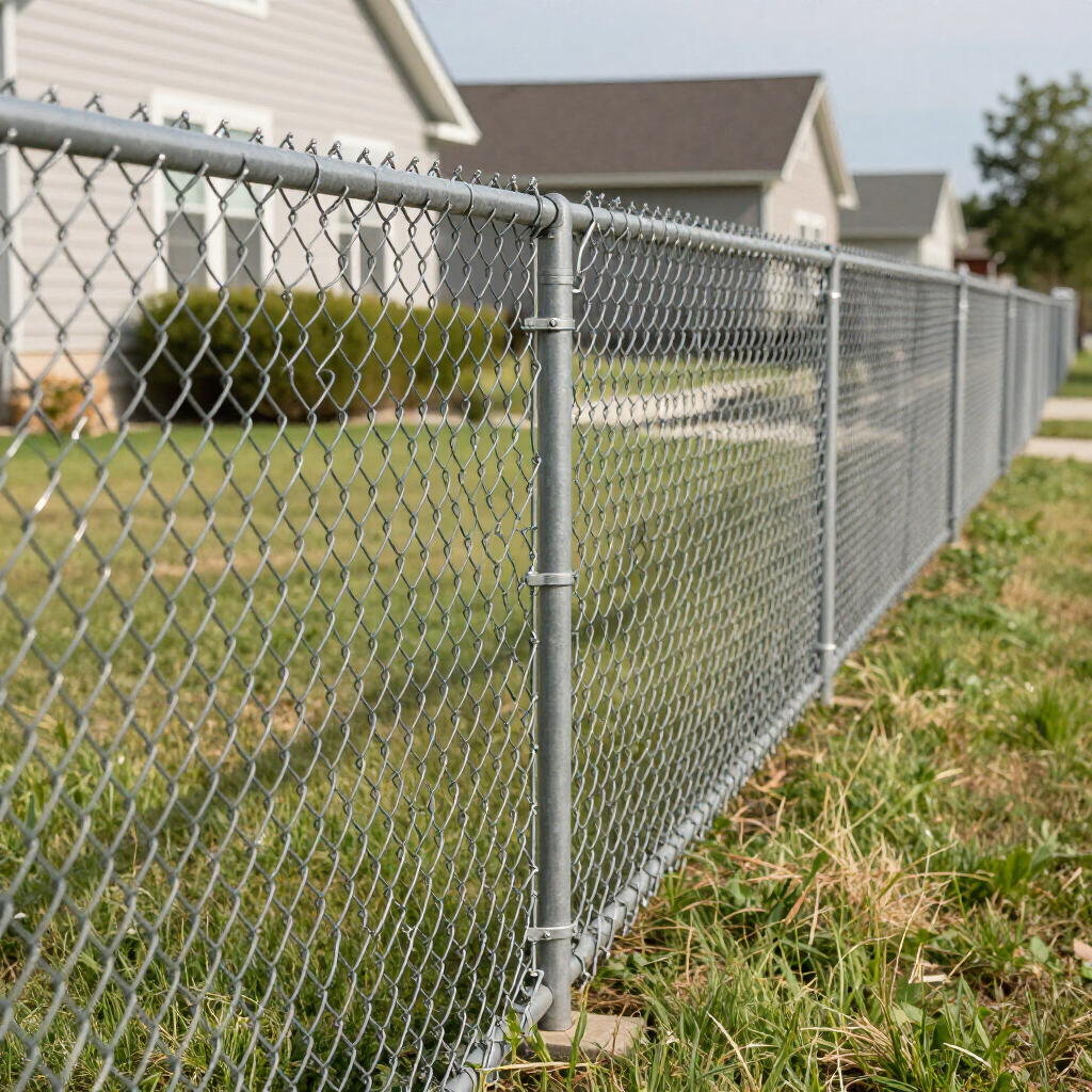 A silver chain-link fence stretches across a green lawn in front of residential houses on a sunny day.