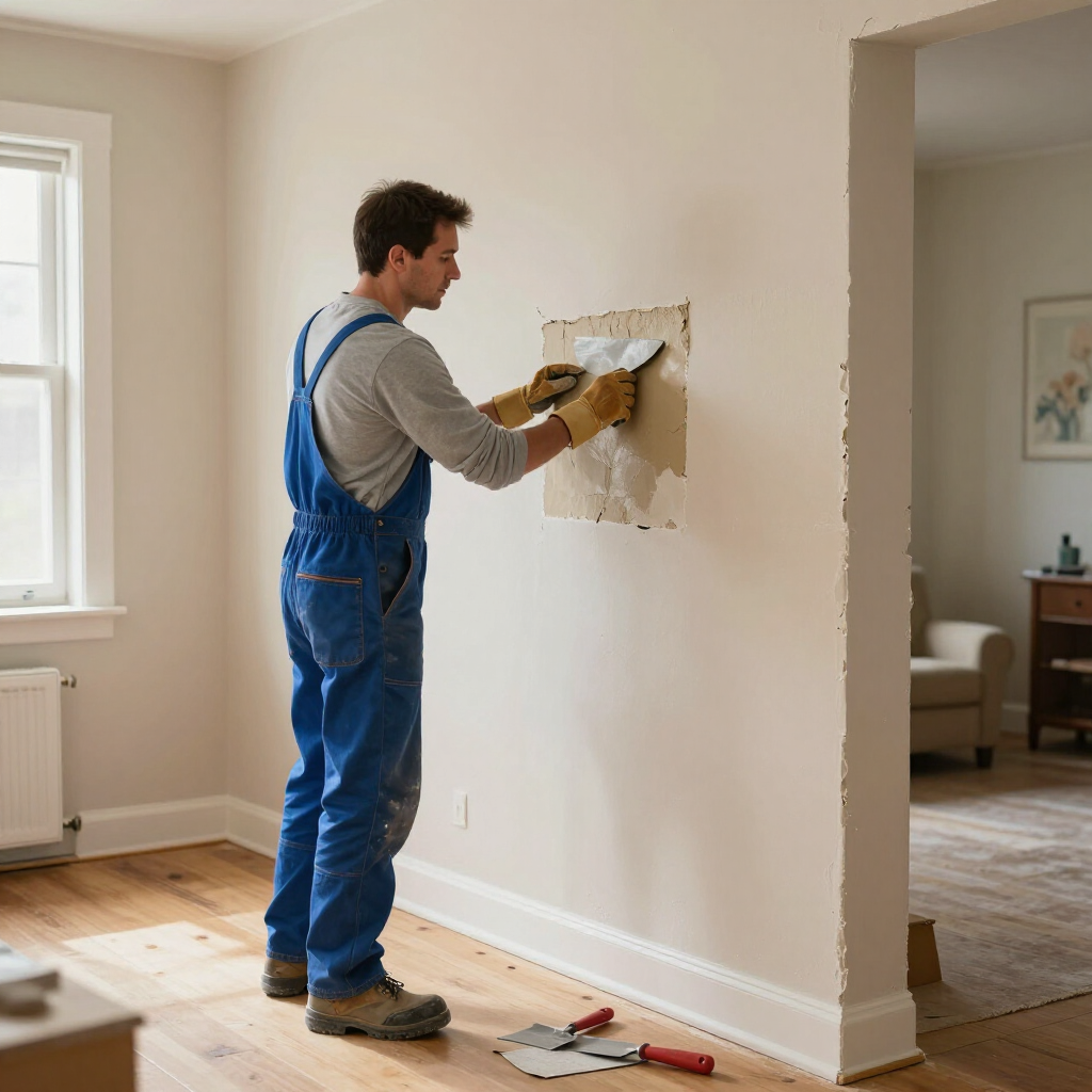 A worker in blue overalls uses a trowel to apply spackle to a section of a beige interior wall.