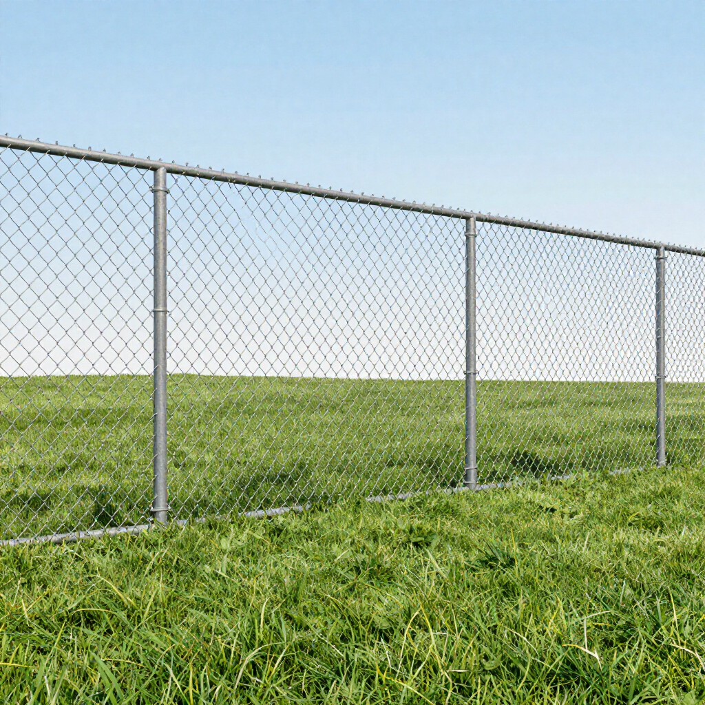 A silver chain-link fence stands in a grassy field against a clear, light blue sky.