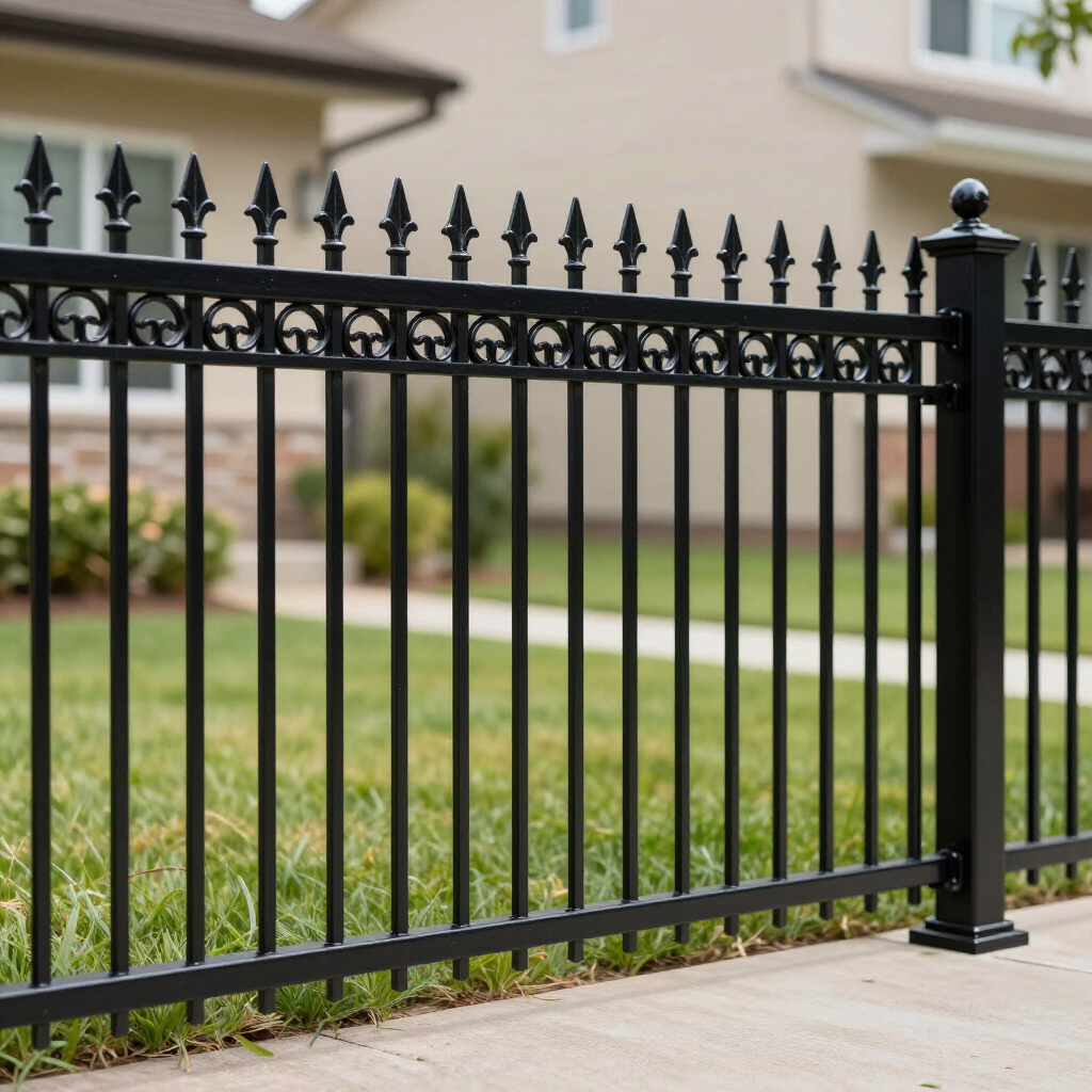 A decorative black metal fence with pointed finials and a decorative ring pattern, bordering a green residential lawn.