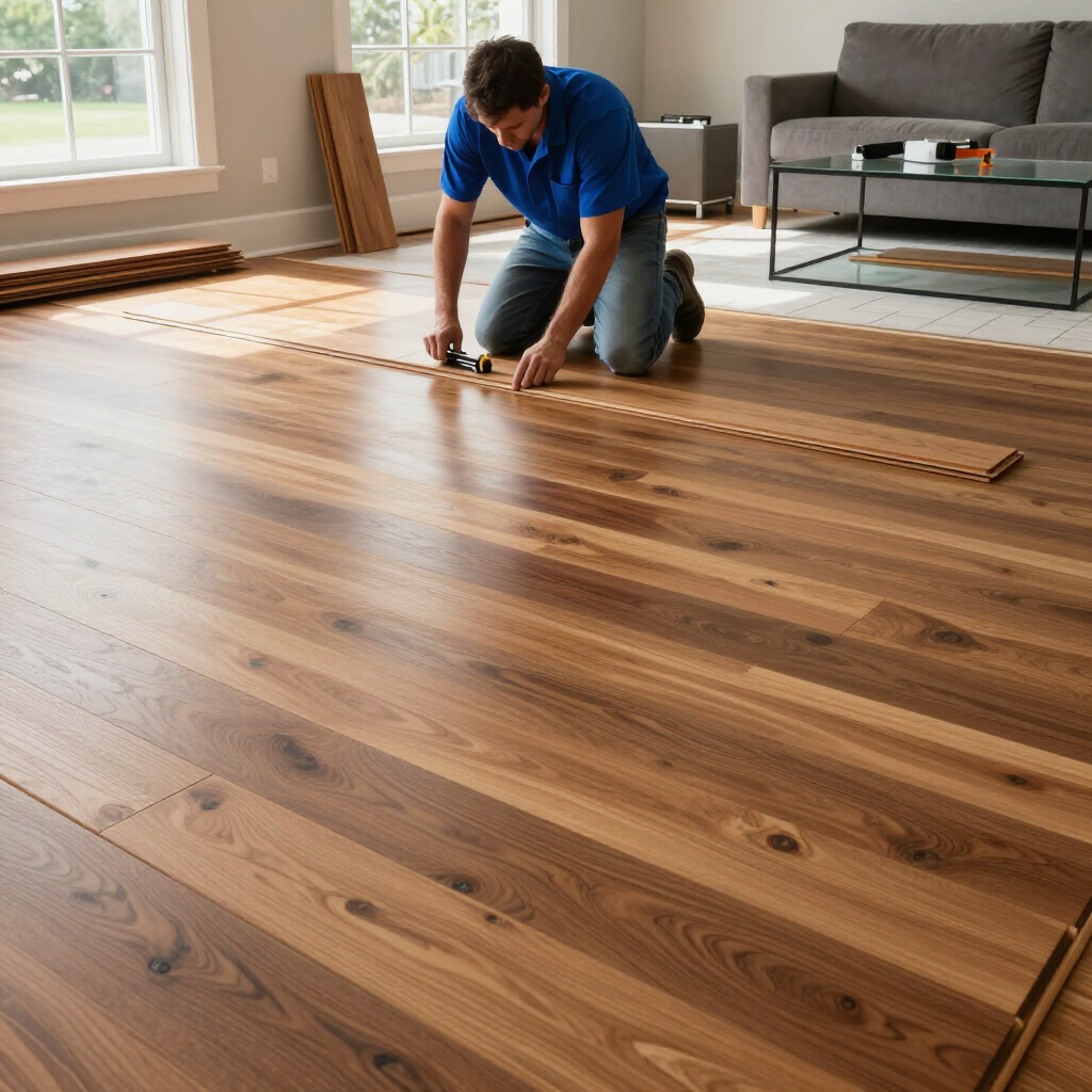 A person kneels on a living room floor, installing light and dark wood planks with a tool.