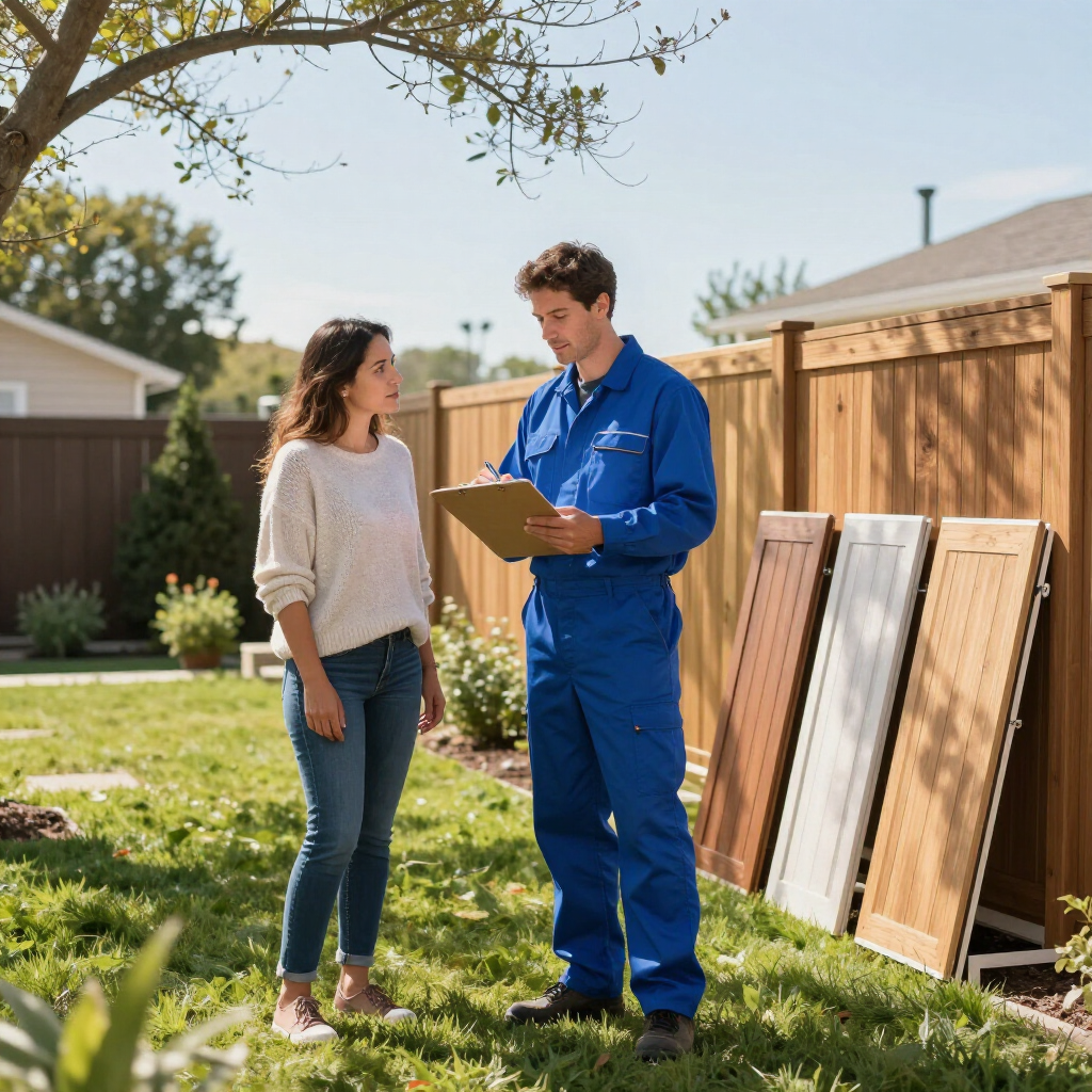 A person in a blue uniform shows samples to a customer while holding a clipboard in a sunlit backyard.