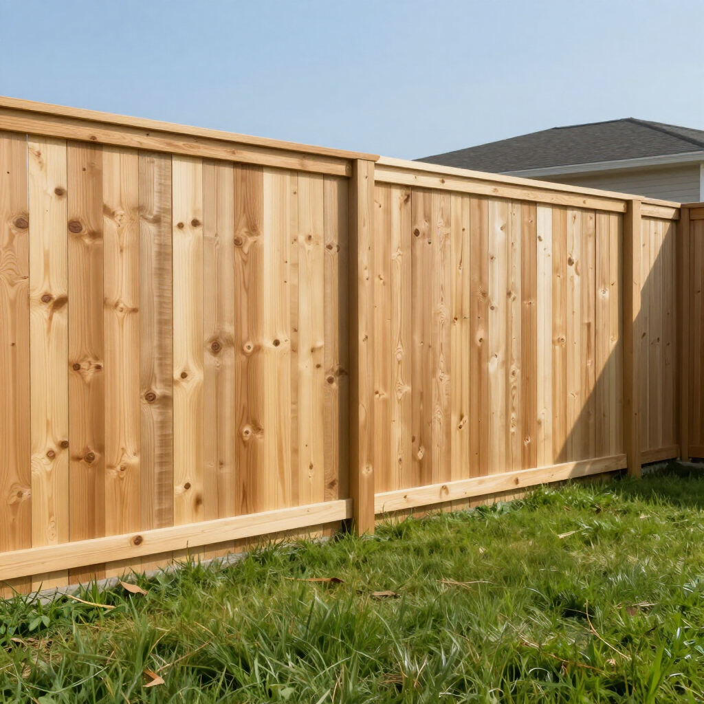 A new wooden privacy fence with vertical panels, horizontal rails, and a post, set against a lawn and blue sky.