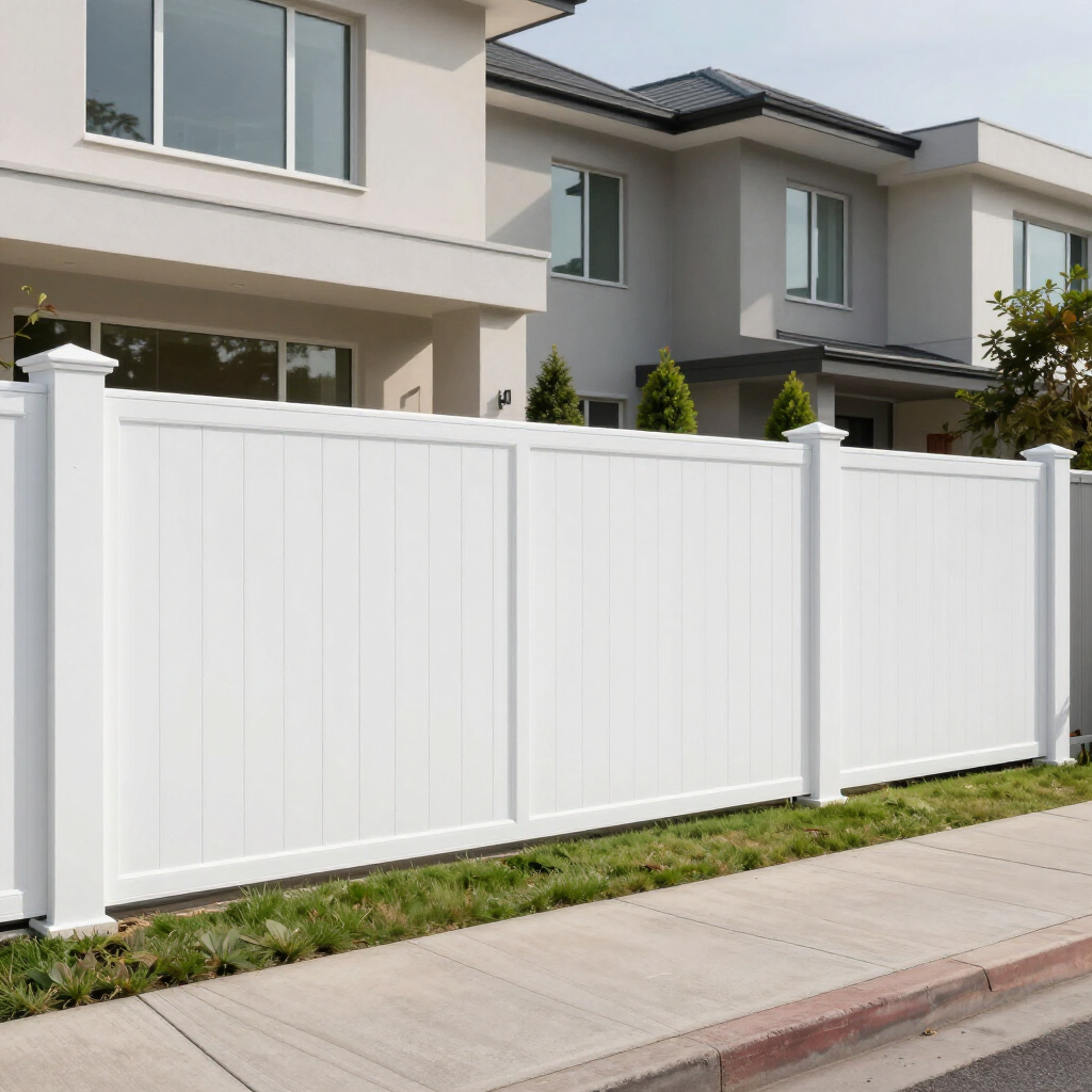 A tall, white vinyl privacy fence stands in front of two modern, light-colored suburban homes.