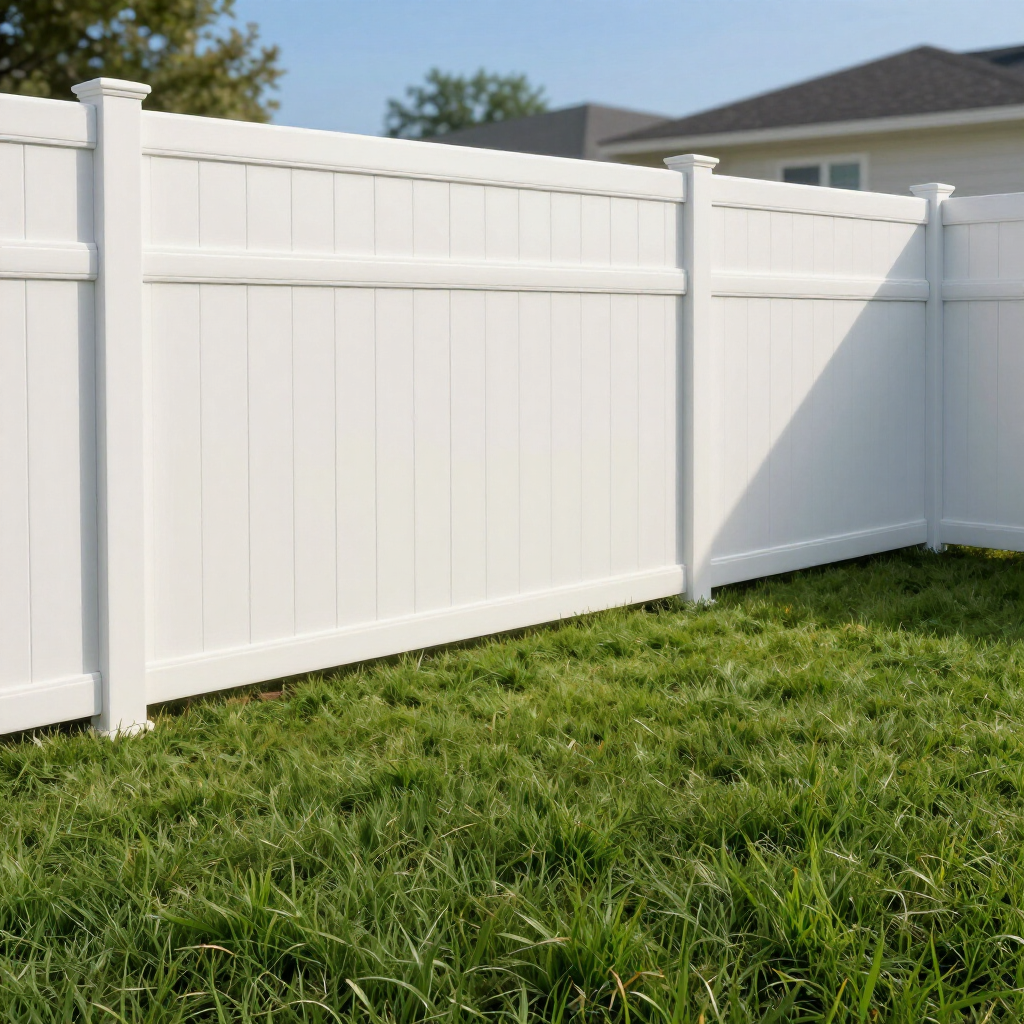 A white vinyl privacy fence installed in a grassy backyard with a house visible in the background.