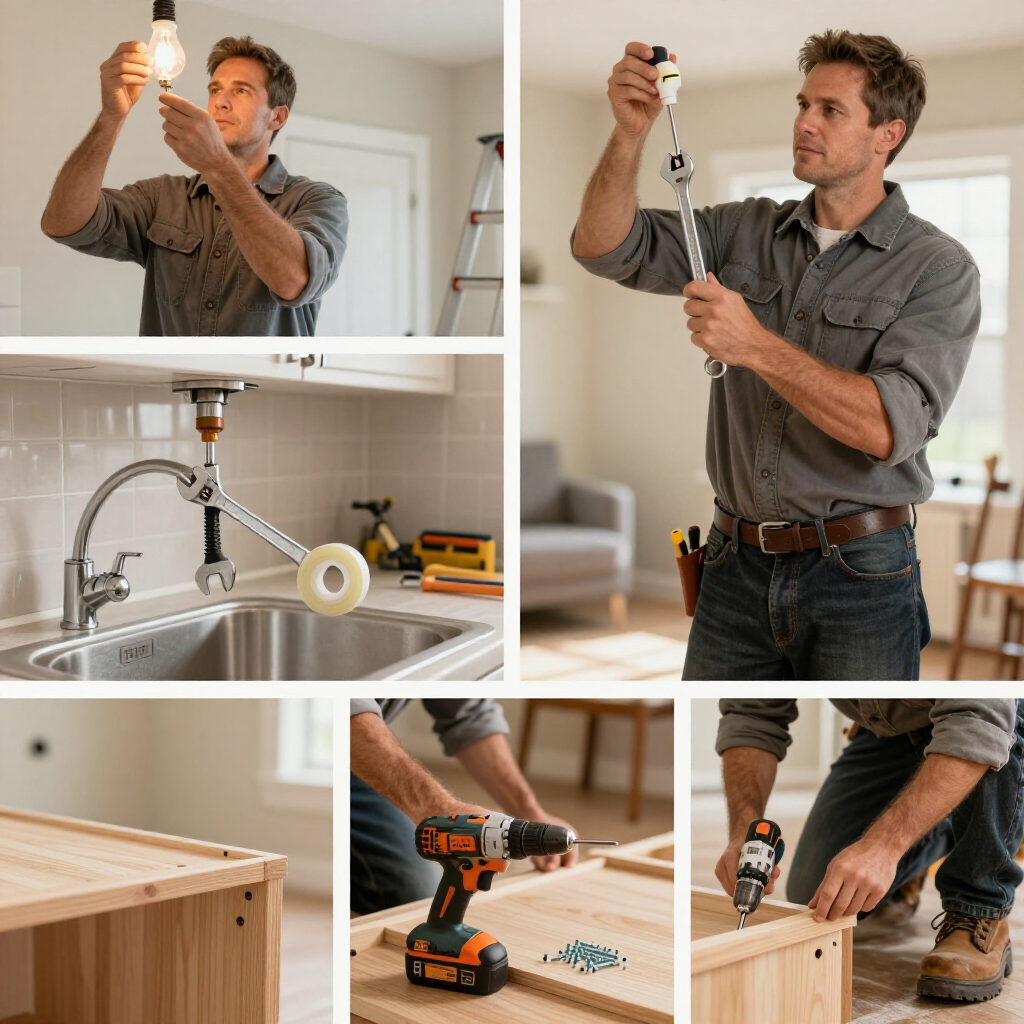 A composite image showing a person performing various home repairs, including changing a lightbulb and assembling furniture.