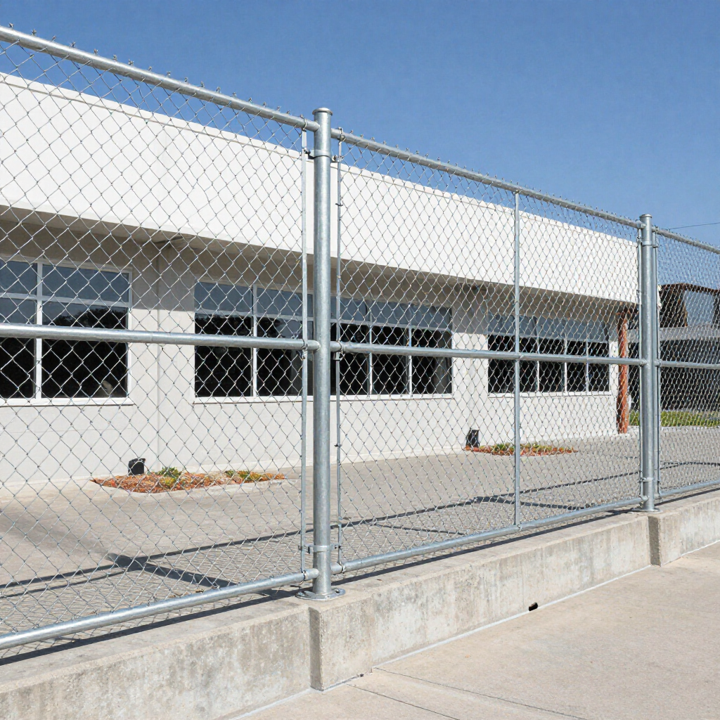 A tall chain-link fence on a concrete base stands in front of a white building with large windows under a clear blue sky.