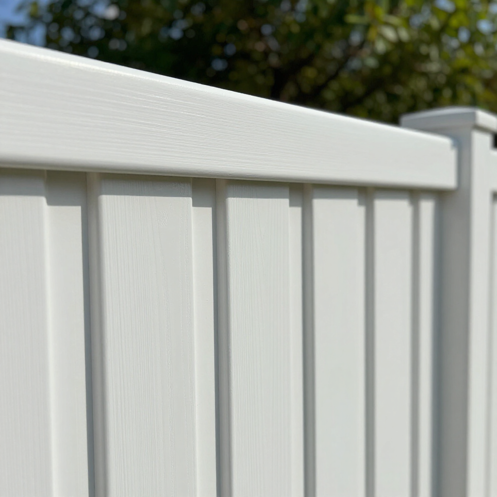 A close-up view of a white vinyl privacy fence with a smooth top rail and vertical panels against a blurred tree backdrop.