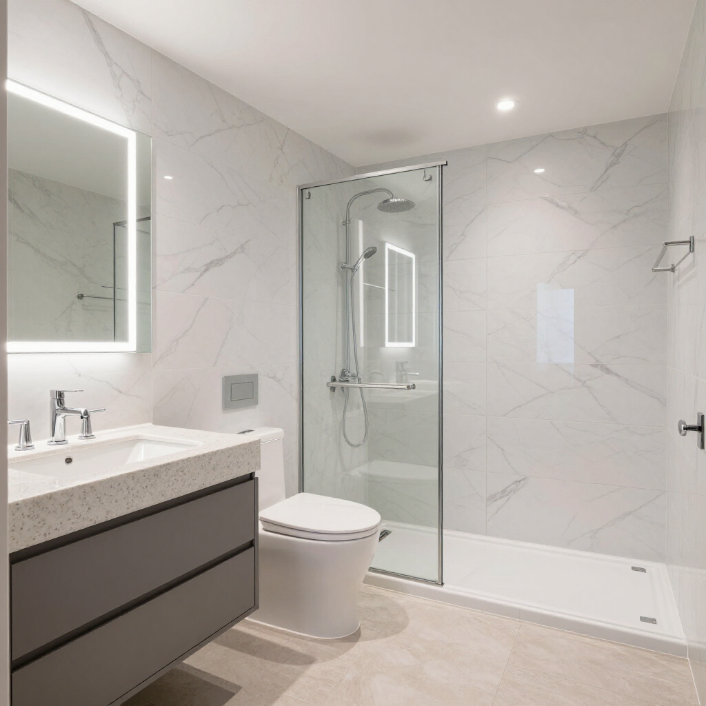 A modern bathroom with a grey vanity, white marble-patterned walls, a white toilet, and a glass-enclosed walk-in shower.