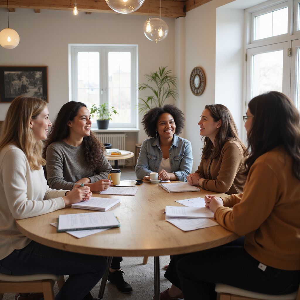 Five women in a circle around a wooden table, smiling and talking in a bright room.