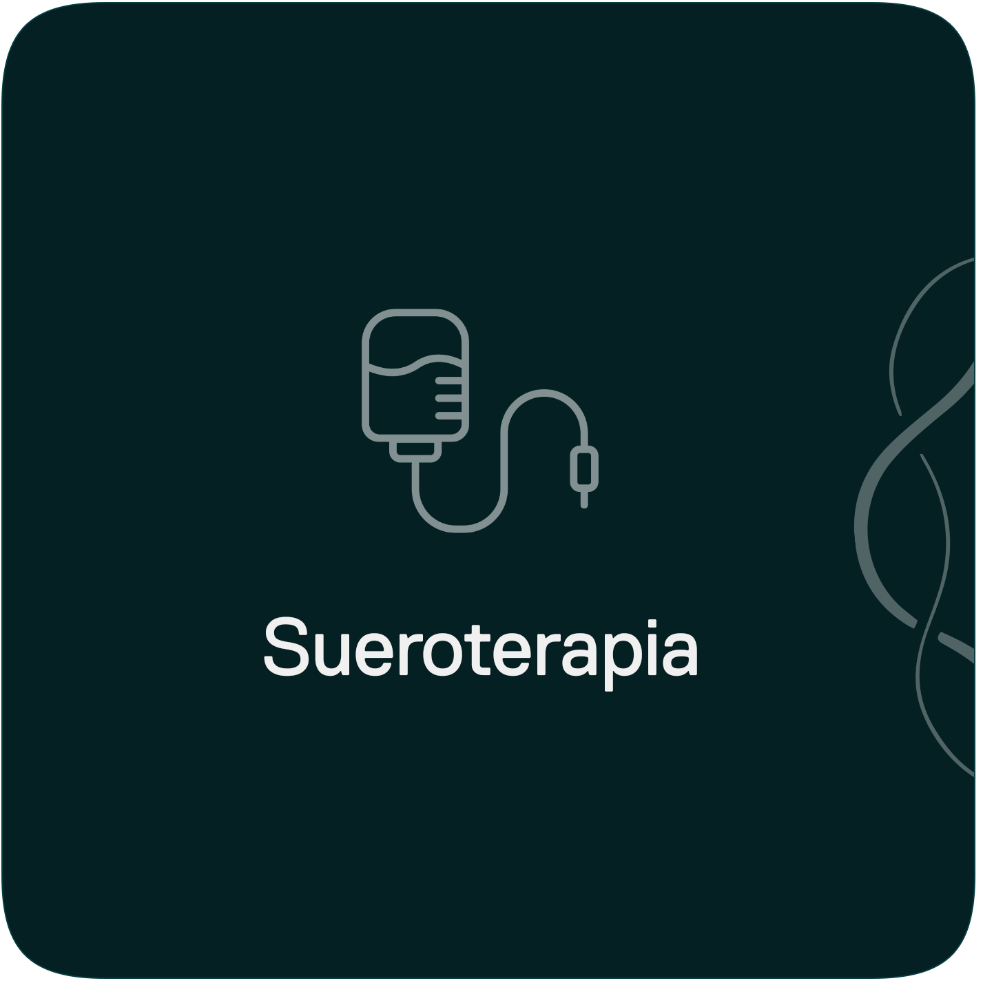 Icono de una bolsa de suero con tubos sobre un fondo verde azulado oscuro, con la palabra 