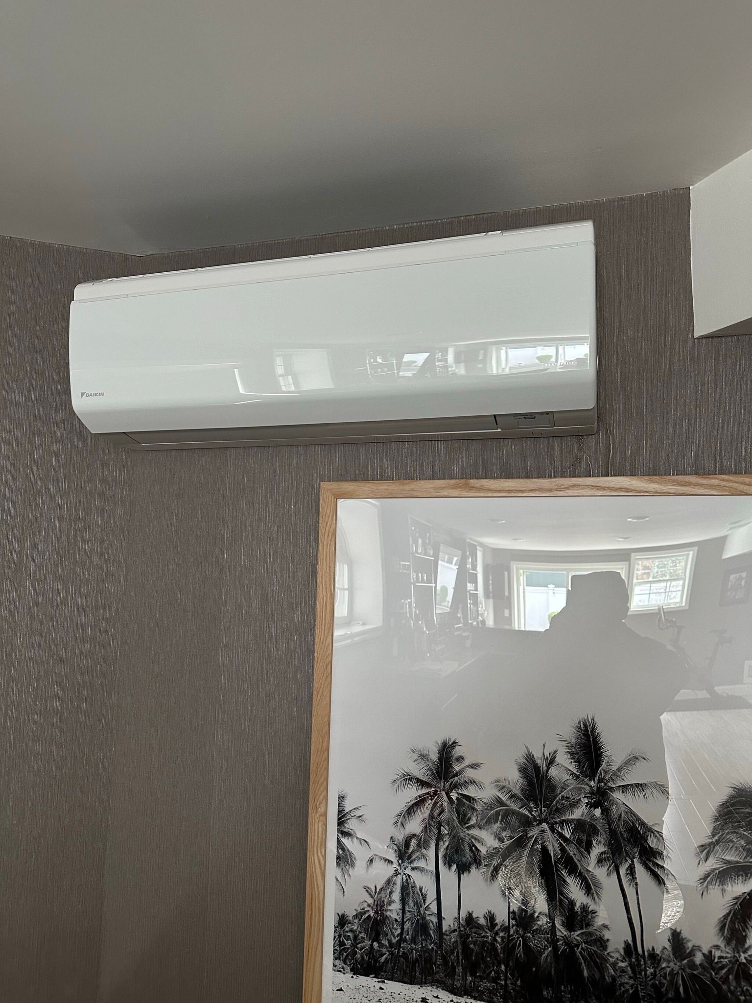 White air conditioning unit mounted on a textured gray wall above a framed black and white palm tree print.