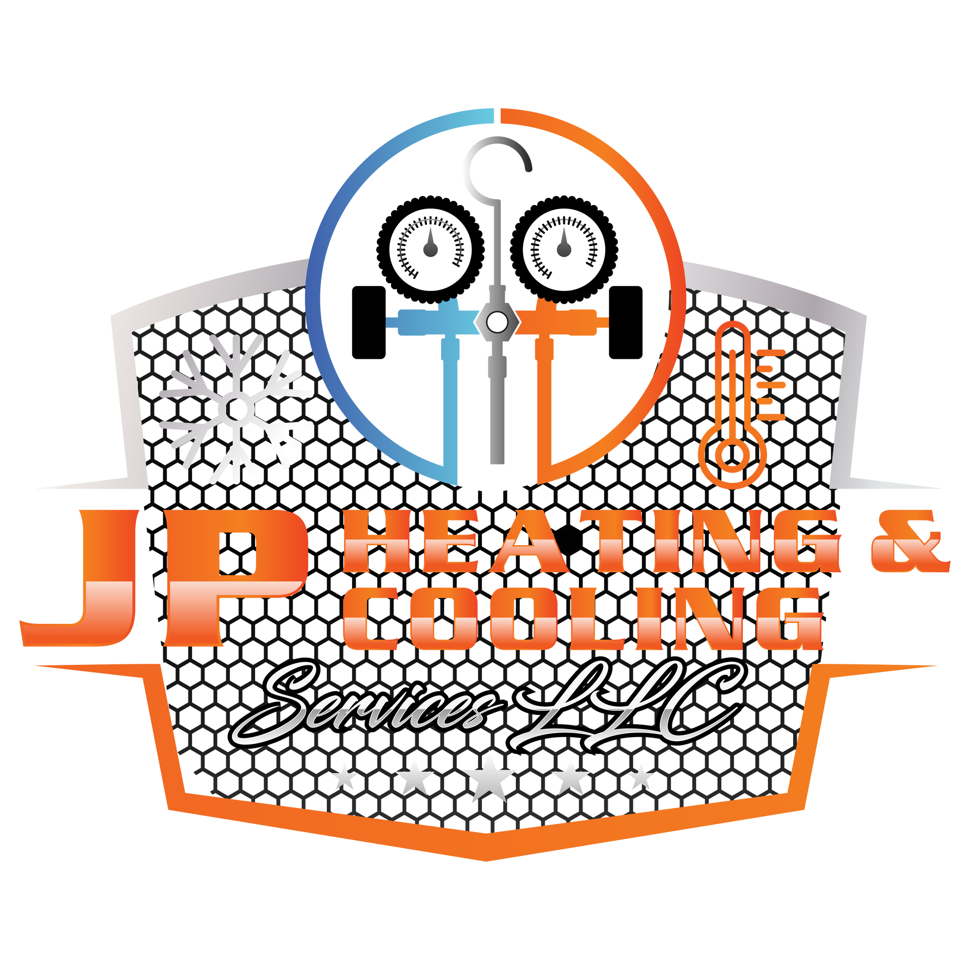 Logo for JP Heating & Cooling Services LLC, features a hexagonal mesh, orange accents, gauges, and text.