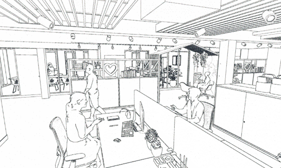 Croquis de bureau avec des personnes aux bureaux, des cabines et des éléments décoratifs.