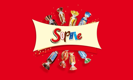 Logo de bonbons Sophie sur fond rouge, mettant en vedette des bonbons emballés.