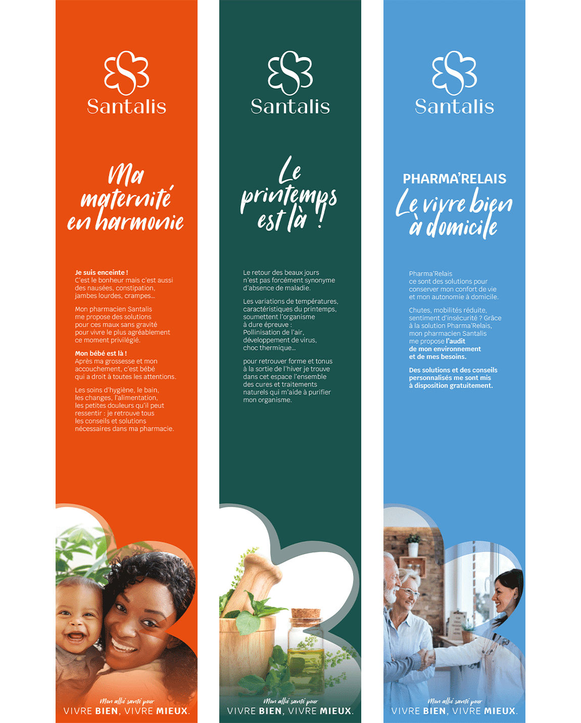 Trois bannières colorées annonçant « Santalys ». Orange : maman et bébé. Vert : herbes et fleurs. Bleu : femmes aidantes.