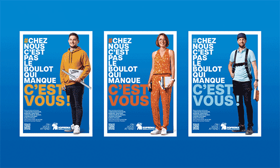 Trois affiches : « Chez nous, ce n'est pas le travail qui manque, c'est vous ! » avec des personnes diverses et souriantes.