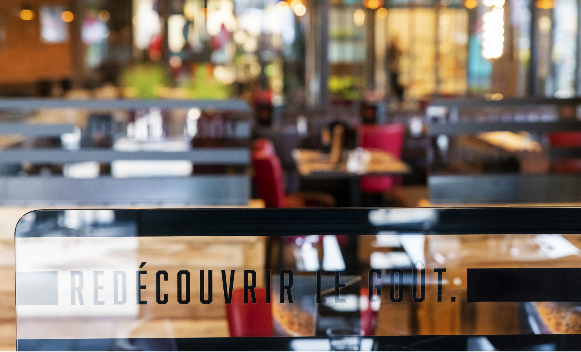 Restaurant interior with text