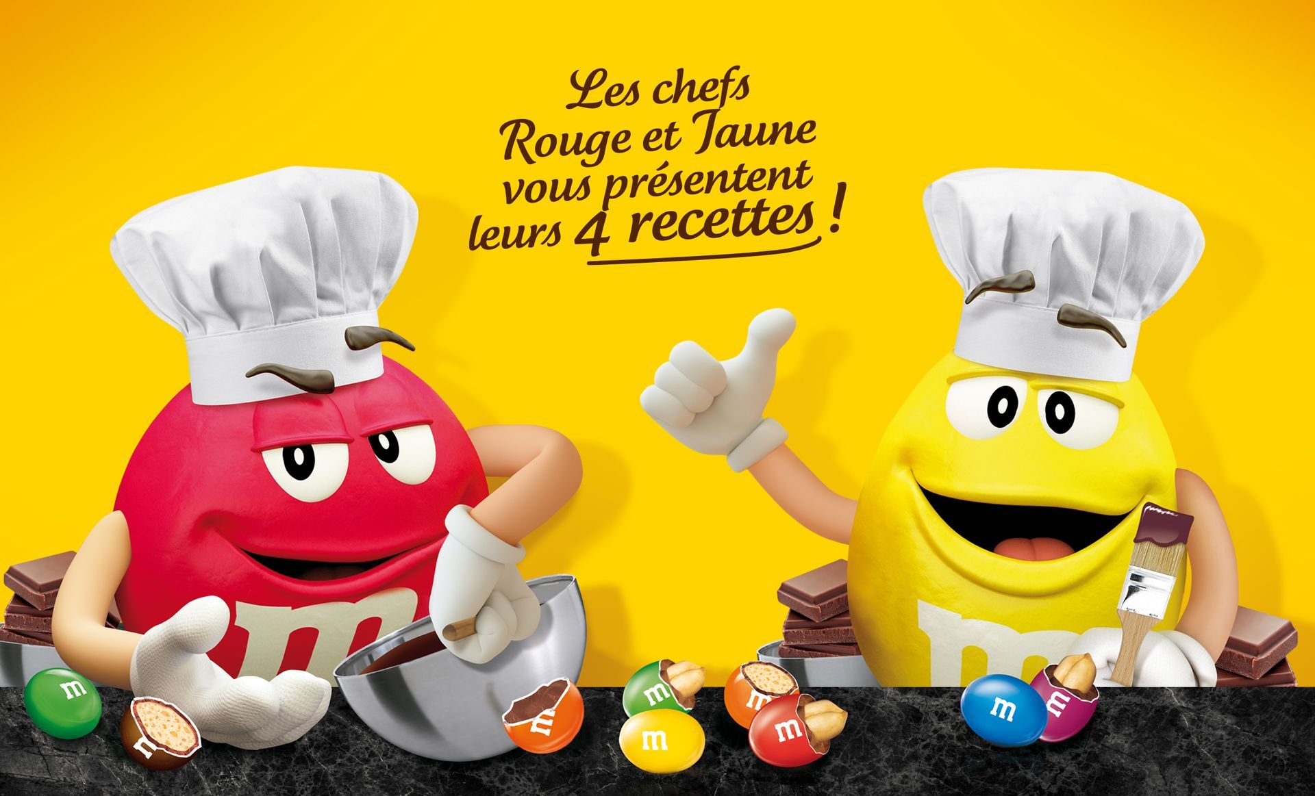 Red and Yellow M&M characters as chefs, presenting four recipes. Yellow background, treats, and text in French.