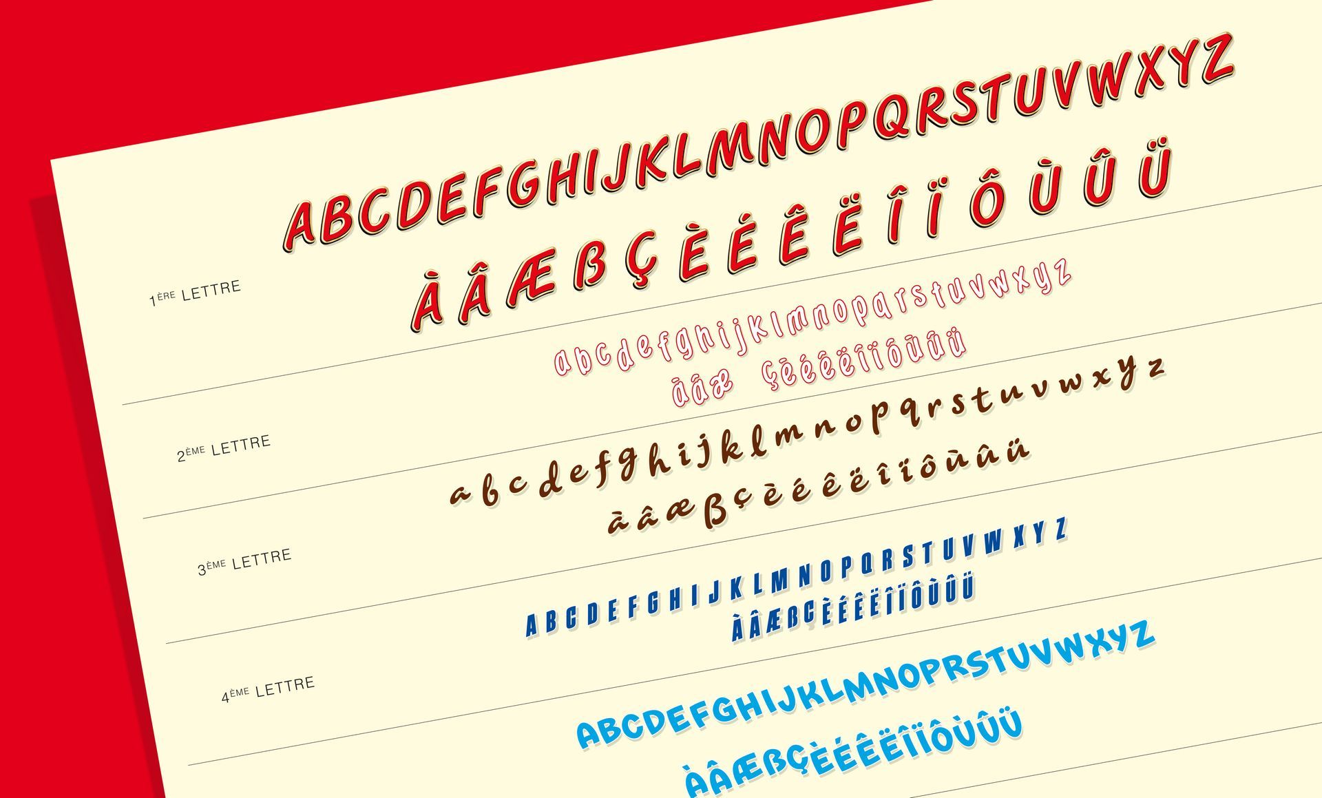 Font samples in red, pink, and blue against a cream background. Demonstrates various typefaces.