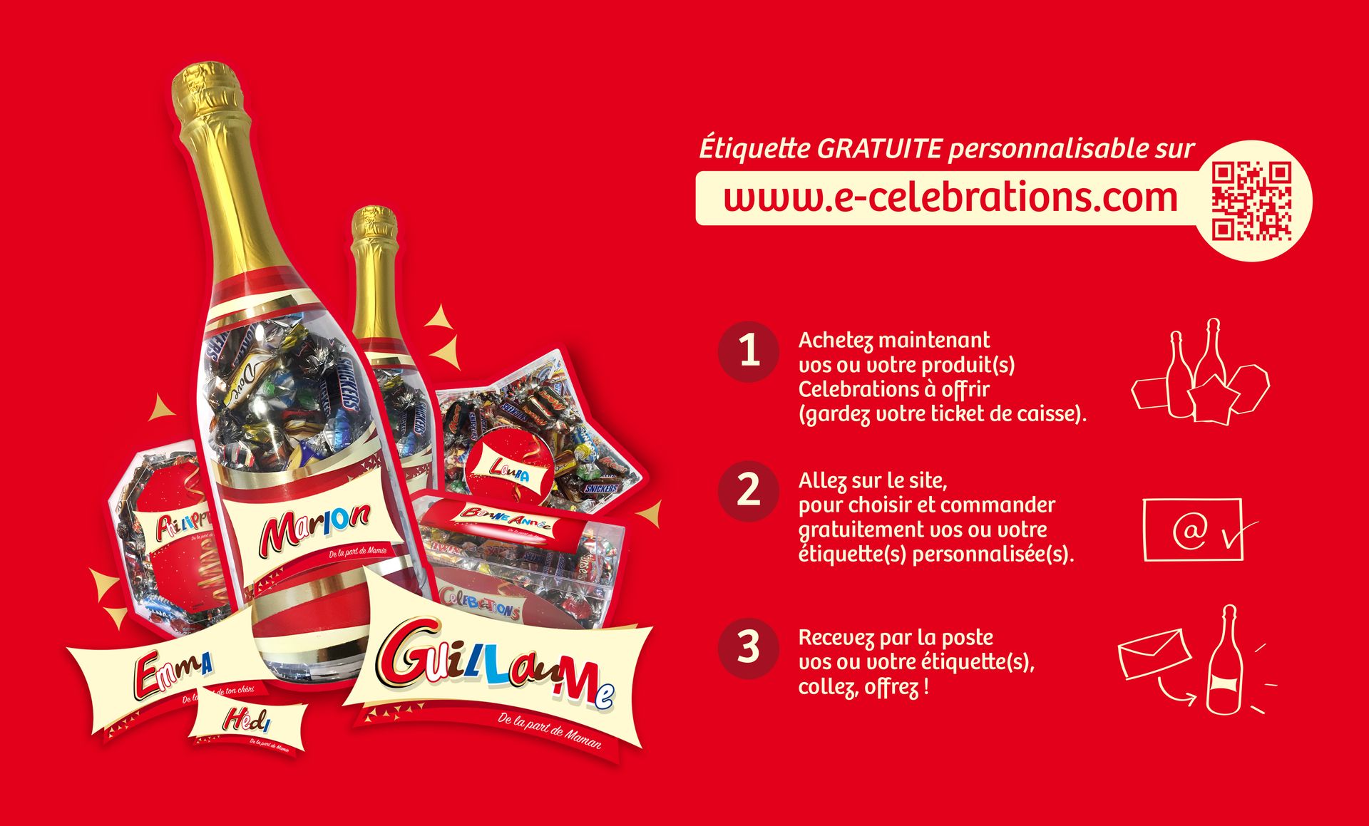 Celebrations chocolates promotion with champagne bottles, text, and QR code on a red background.