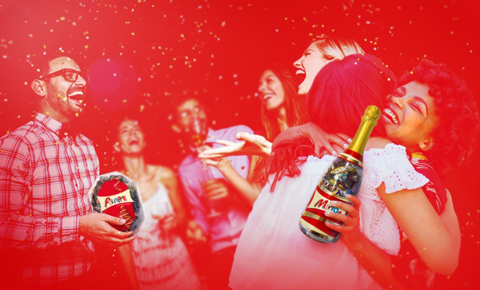 People celebrate with confetti, holding a champagne bottle and a decorated egg, all in a red-toned setting.