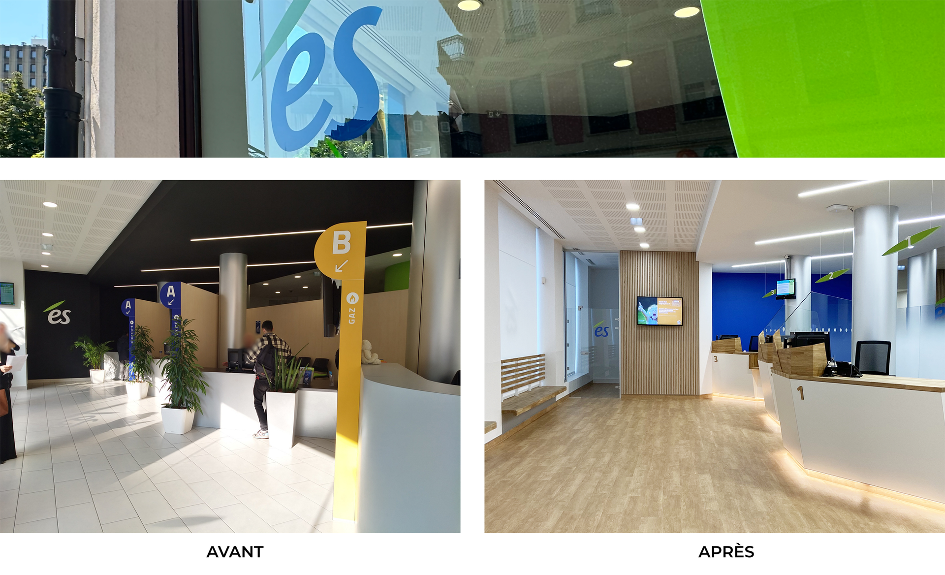 Bank interior: wide shot of a lobby and a staff area with desks, seating, and signage; mostly neutral colors.