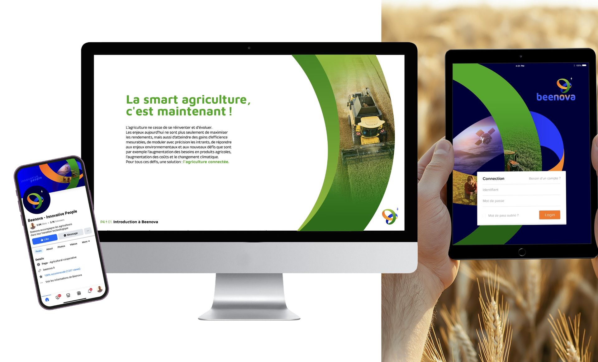 Three devices displaying a presentation about smart agriculture. Includes social media and login screen.