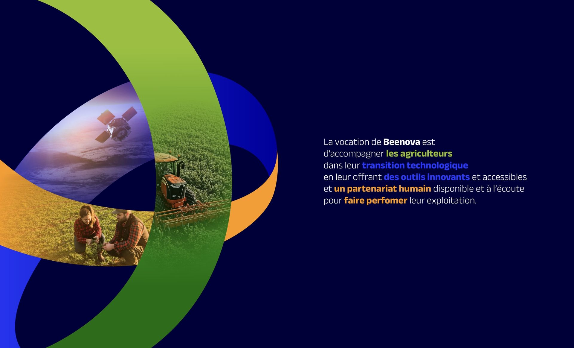 Abstract design with a space scene, field, and farmers, in a blue, green, and orange swirl.