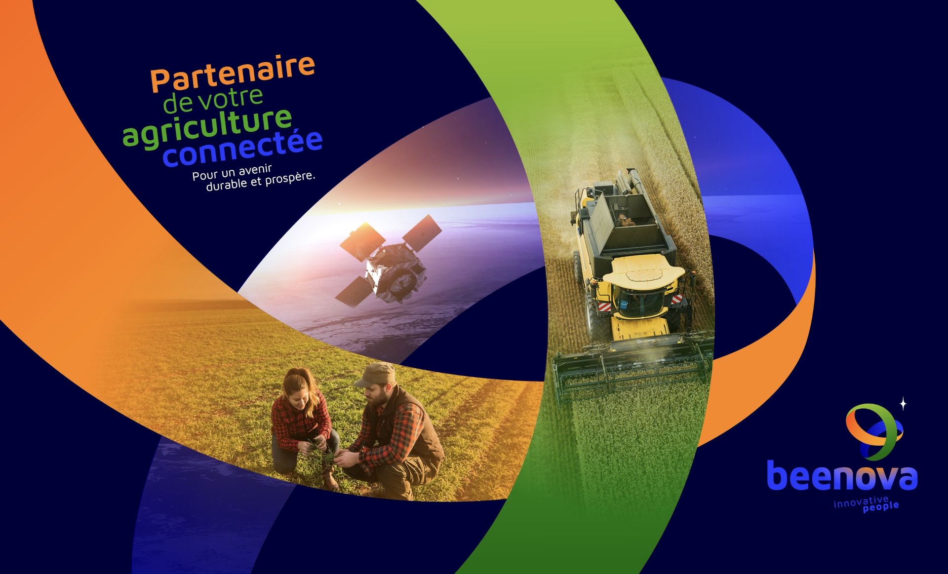 Two people inspecting crops, tractor in field, satellite above, 